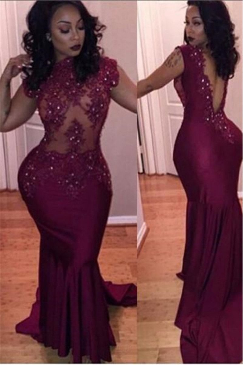 Chic Burgundy High Neck Open Back Sheath Prom Dresses With Crystal