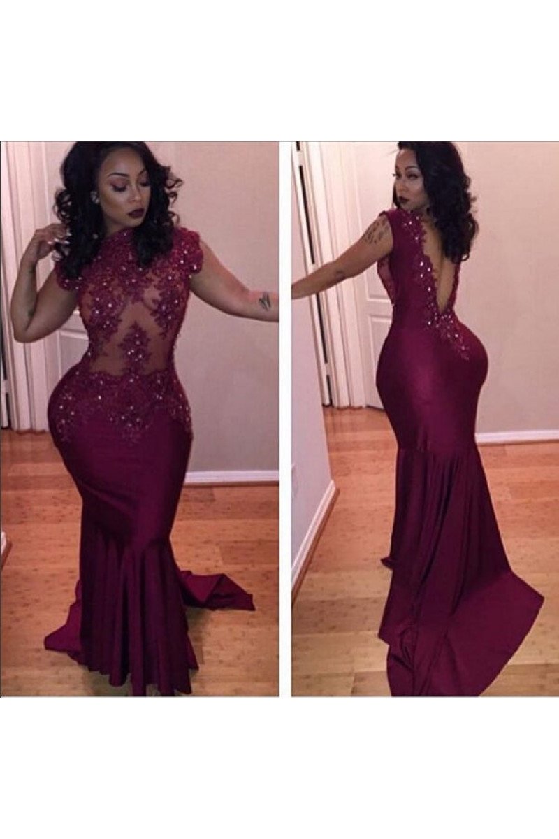 Chic Burgundy High Neck Open Back Sheath Prom Dresses With Crystal