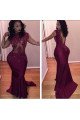 Chic Burgundy High Neck Open Back Sheath Prom Dresses With Crystal