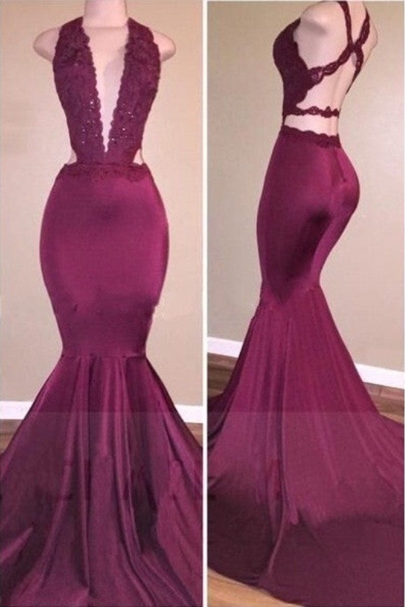 Sexy Burgundy V-neck Open Back Appliques Mermaid Prom Dresses