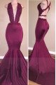 Sexy Burgundy V-neck Open Back Appliques Mermaid Prom Dresses