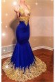 Sexy Royal Blue Spaghetti Straps Open Back Mermaid Prom Dresses With Appliques