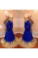 Sexy Royal Blue Spaghetti Straps Open Back Mermaid Prom Dresses With Appliques