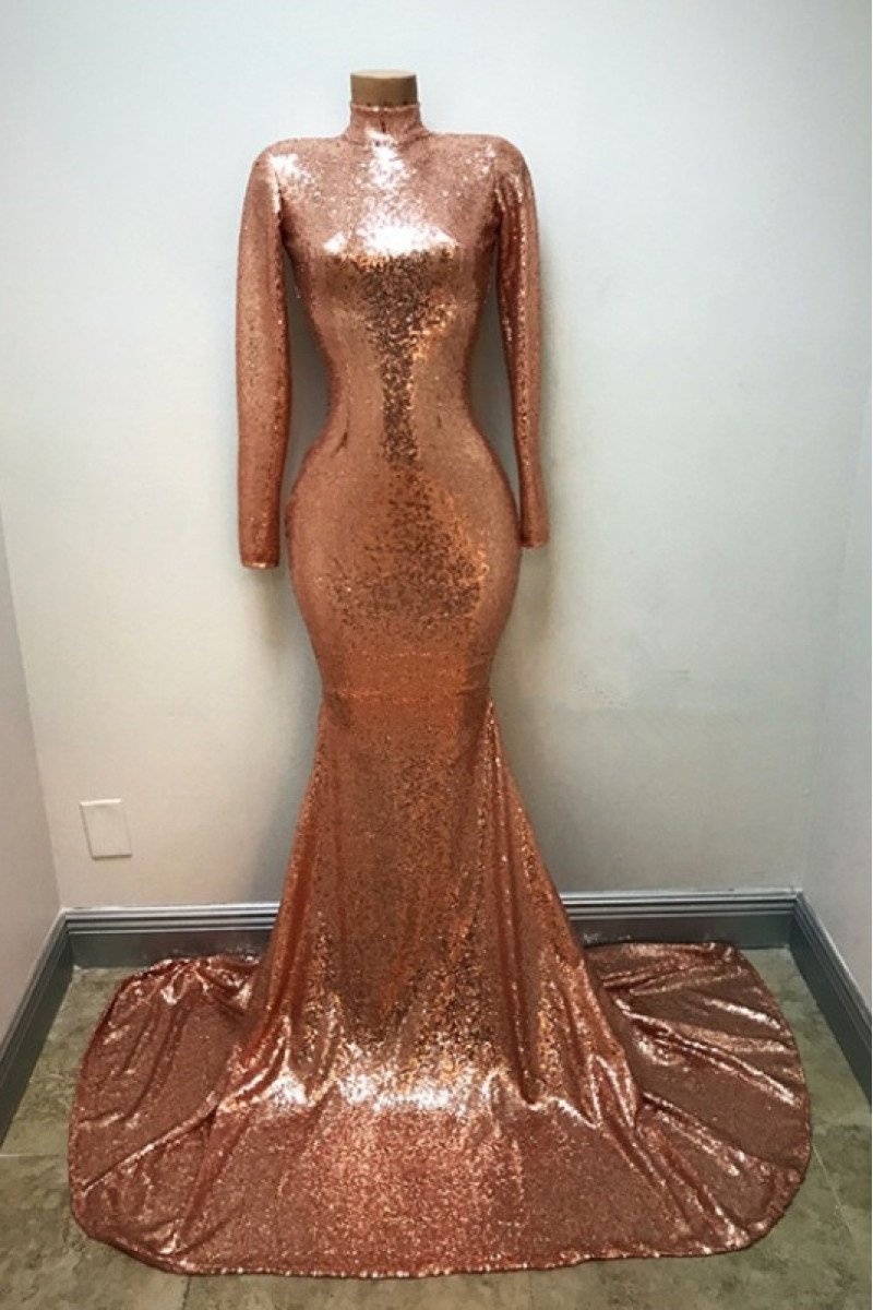 Sparkle Rose Gold Sequins High Neck Long Sleeves Mermaid Prom Dresses