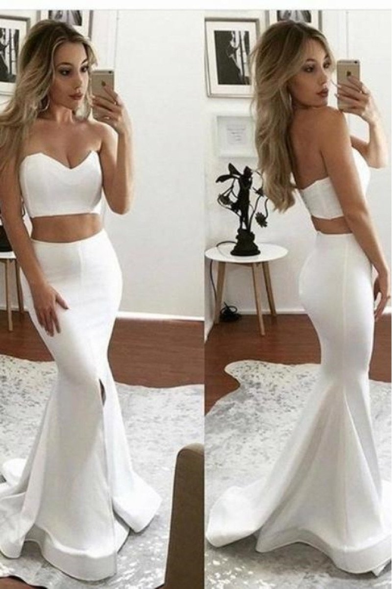 Simple White Sweetheart Front Slit Two Pieces Prom Dresses