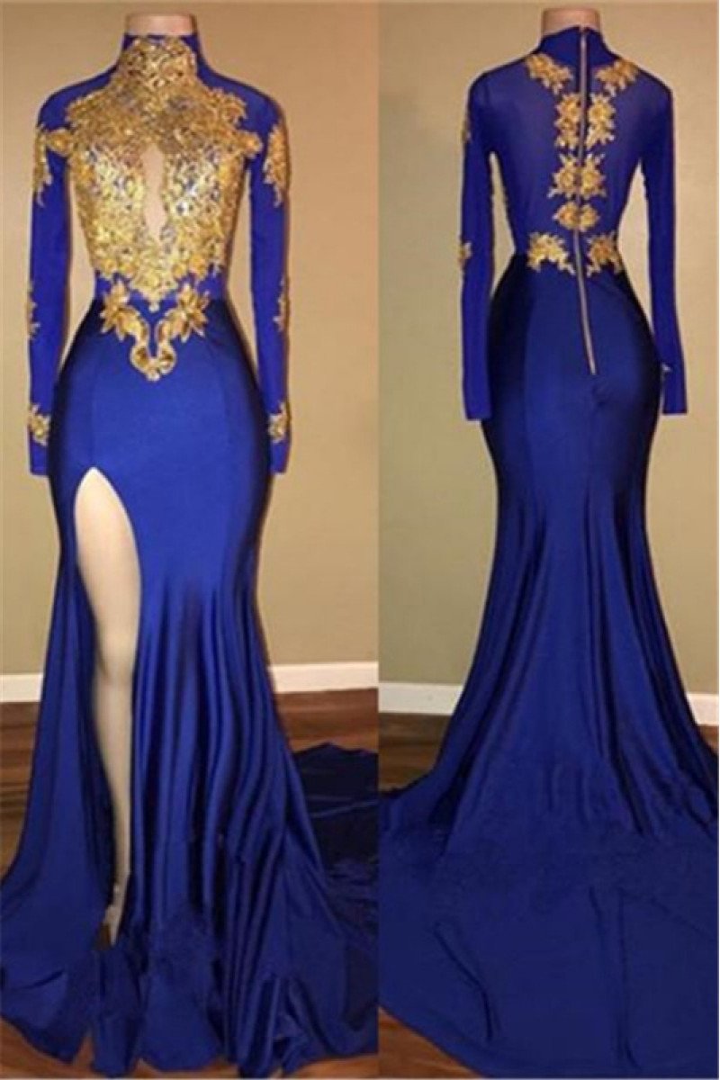 Elegant Royal Blue Long Sleeves keyhole Mermaid Prom Dresses With Appliques