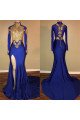 Elegant Royal Blue Long Sleeves keyhole Mermaid Prom Dresses With Appliques