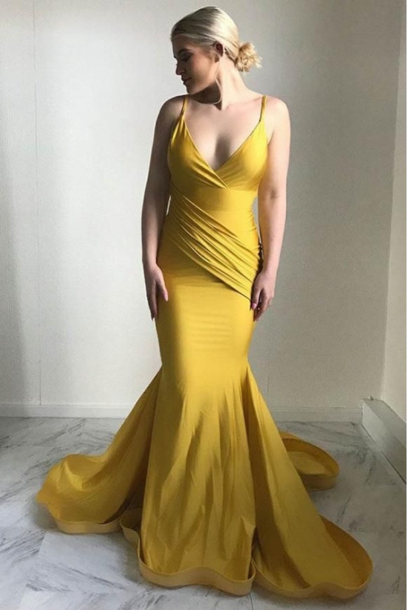 Simple Yellow Spaghetti Straps Open Back Mermaid Prom Dresses