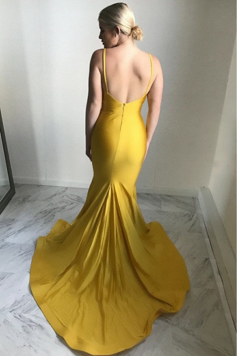 Simple Yellow Spaghetti Straps Open Back Mermaid Prom Dresses