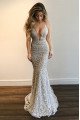 Sexy Silver Spaghetti Straps Backless Lace Mermaid Prom Dresss 