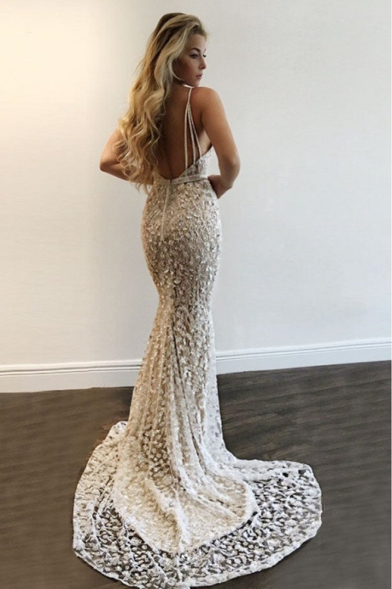 Sexy Silver Spaghetti Straps Backless Lace Mermaid Prom Dresss 