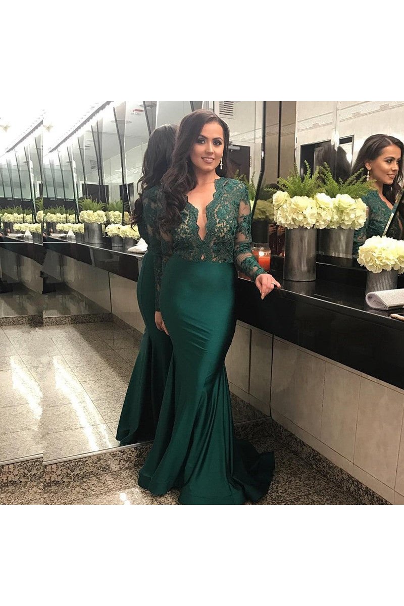 Generous Dark Green V-neck Long Sleeves Mermaid Prom Dresses