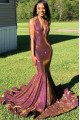 Sparkle Purple Sequins Halter Backless Mermaid Prom Dresses