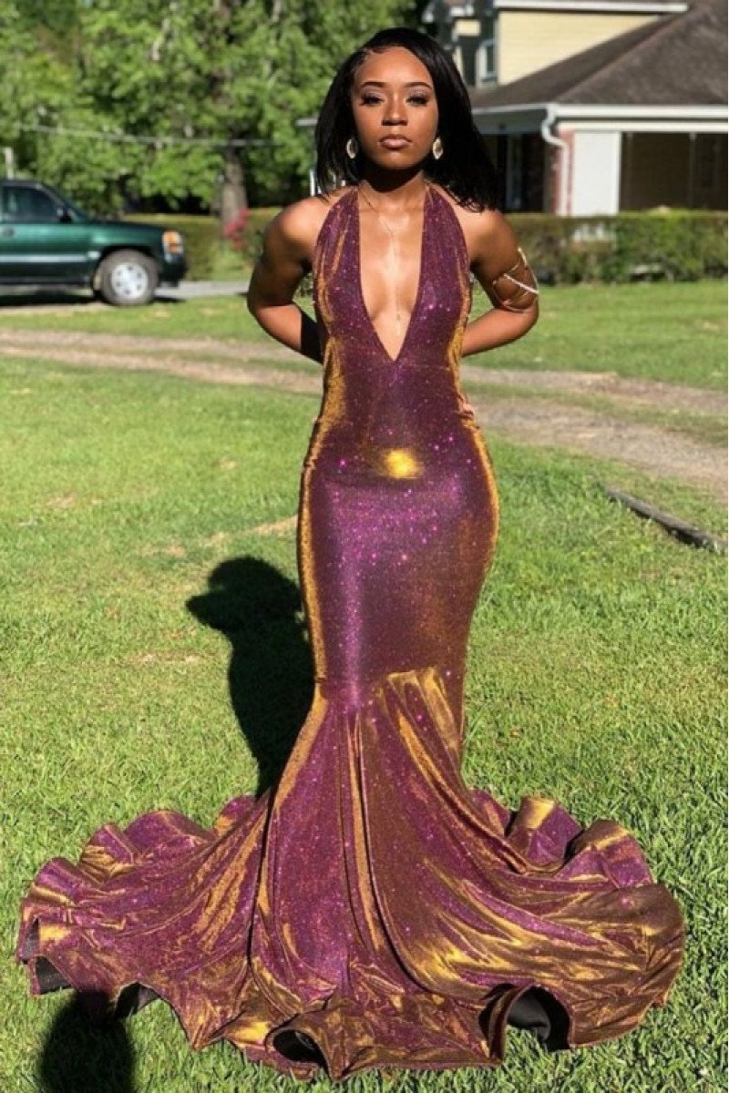 Sparkle Purple Sequins Halter Backless Mermaid Prom Dresses