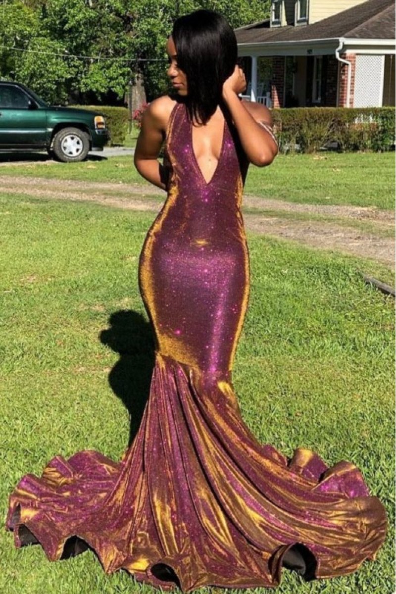 Sparkle Purple Sequins Halter Backless Mermaid Prom Dresses