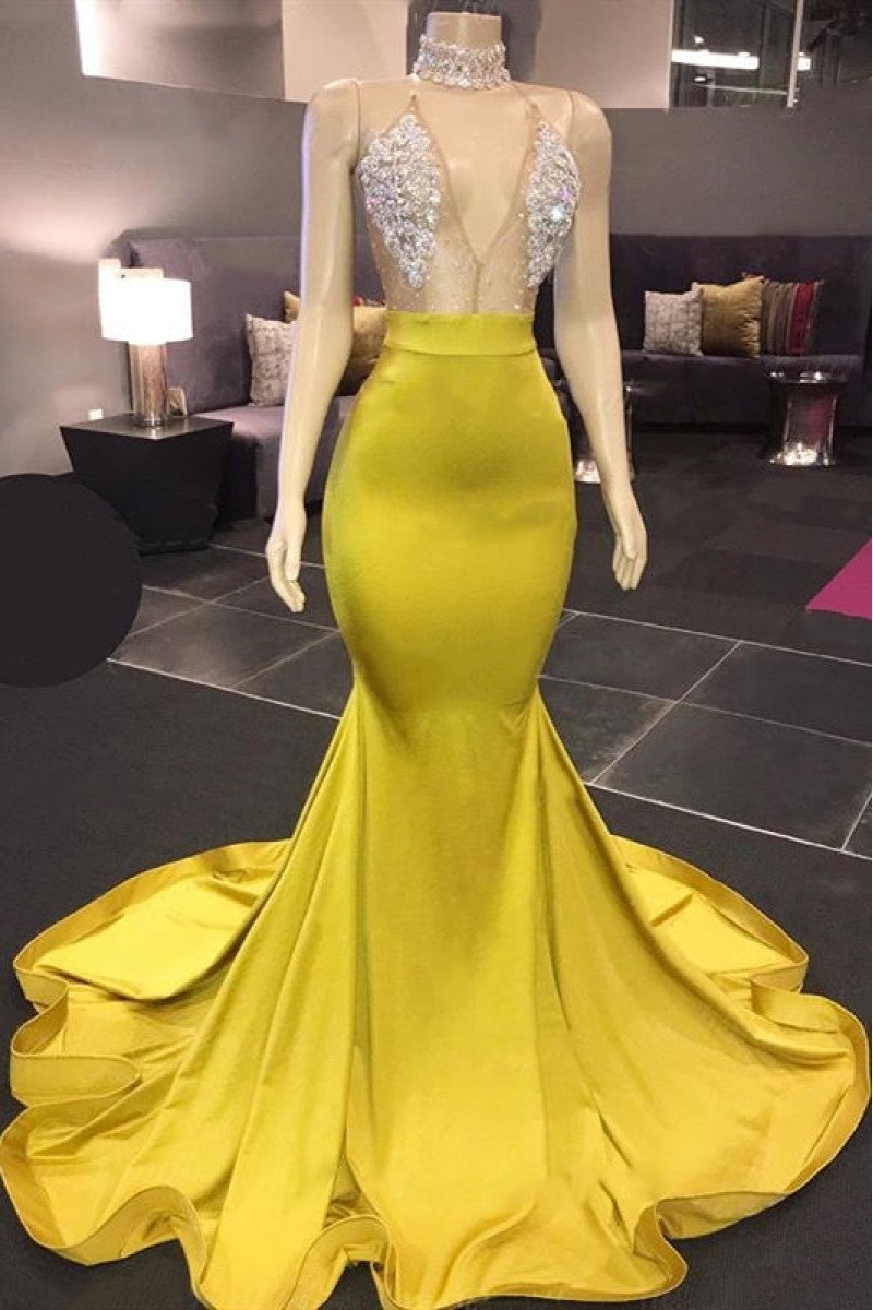 Modern Yellow Halter Open Back Mermaid Prom Dresses With Crystal