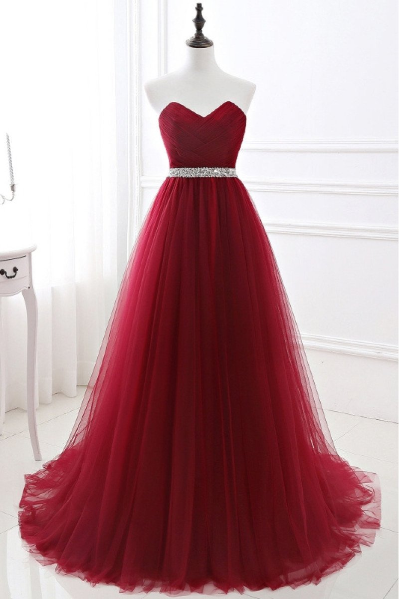 Chic Red Sweetheart Sleeveless Tulle Ball Gown Prom Dresses