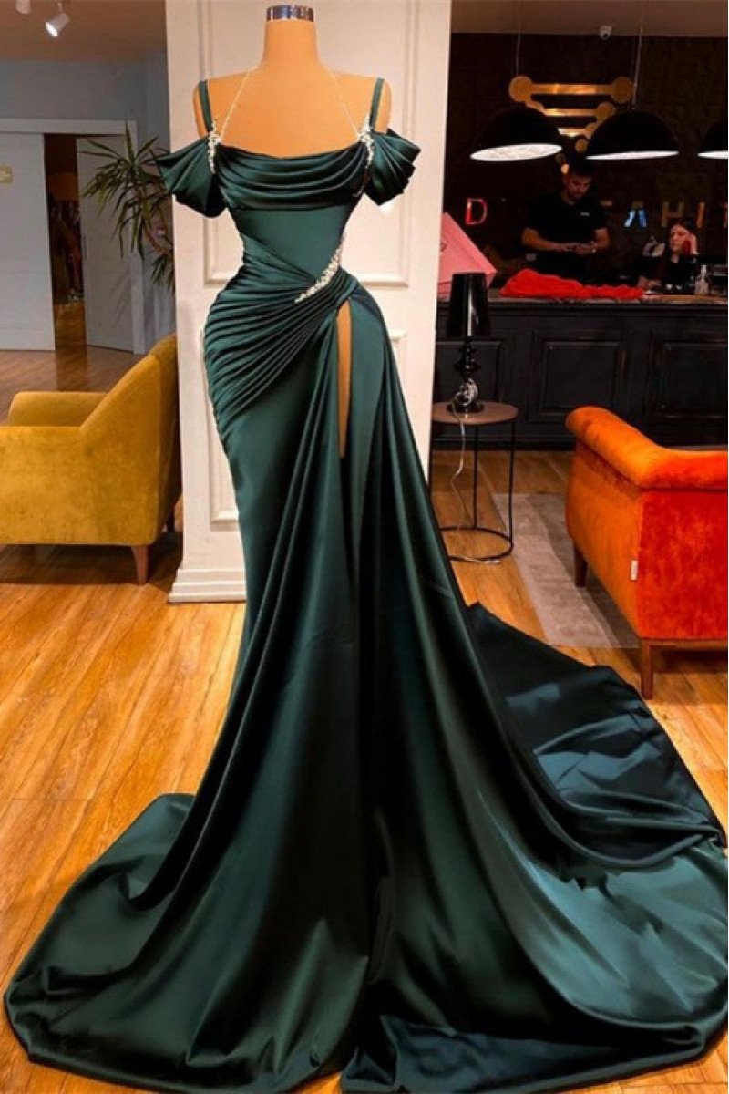 Elegant Dark Green Off Shoulder Sheath Prom Dresses With Crystal