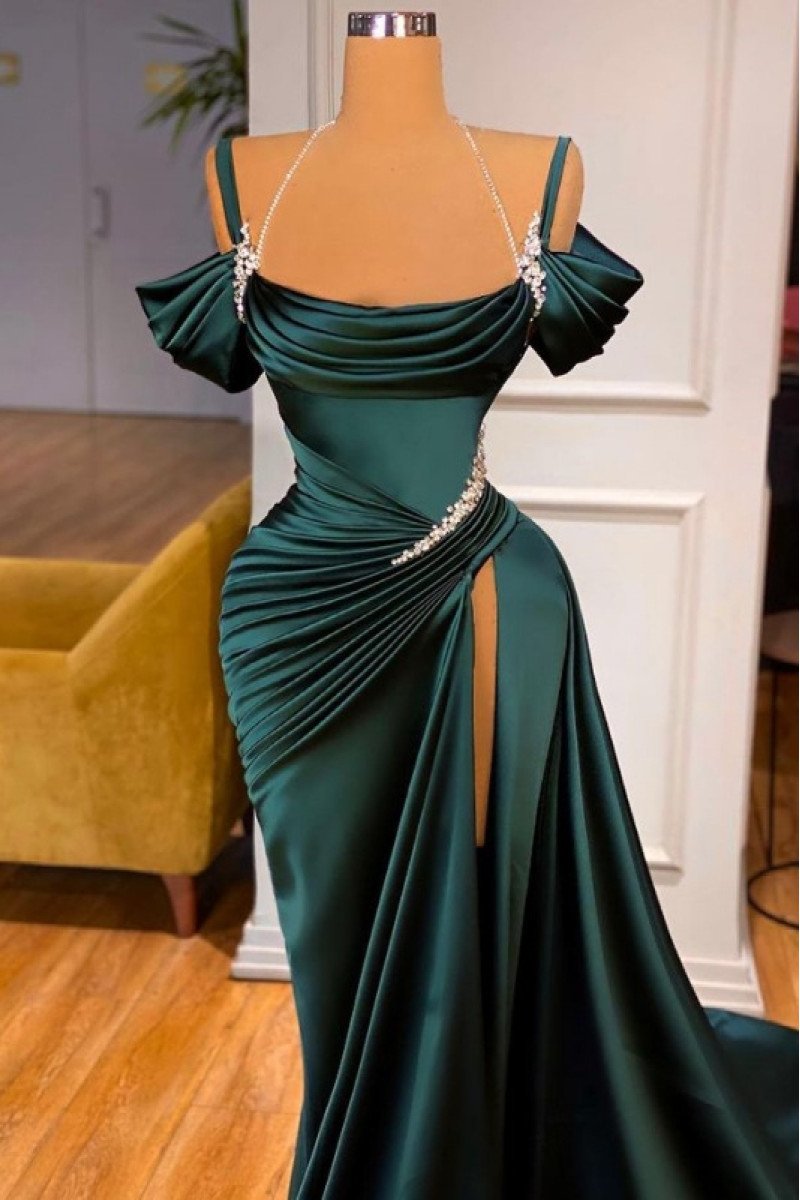 Elegant Dark Green Off Shoulder Sheath Prom Dresses With Crystal