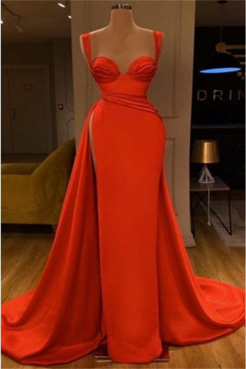 Simple Red Spaghetti Straps Side Slit A-line Prom Dresses