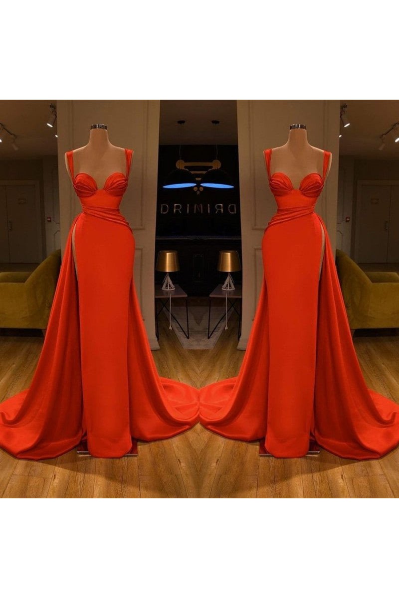 Simple Red Spaghetti Straps Side Slit A-line Prom Dresses