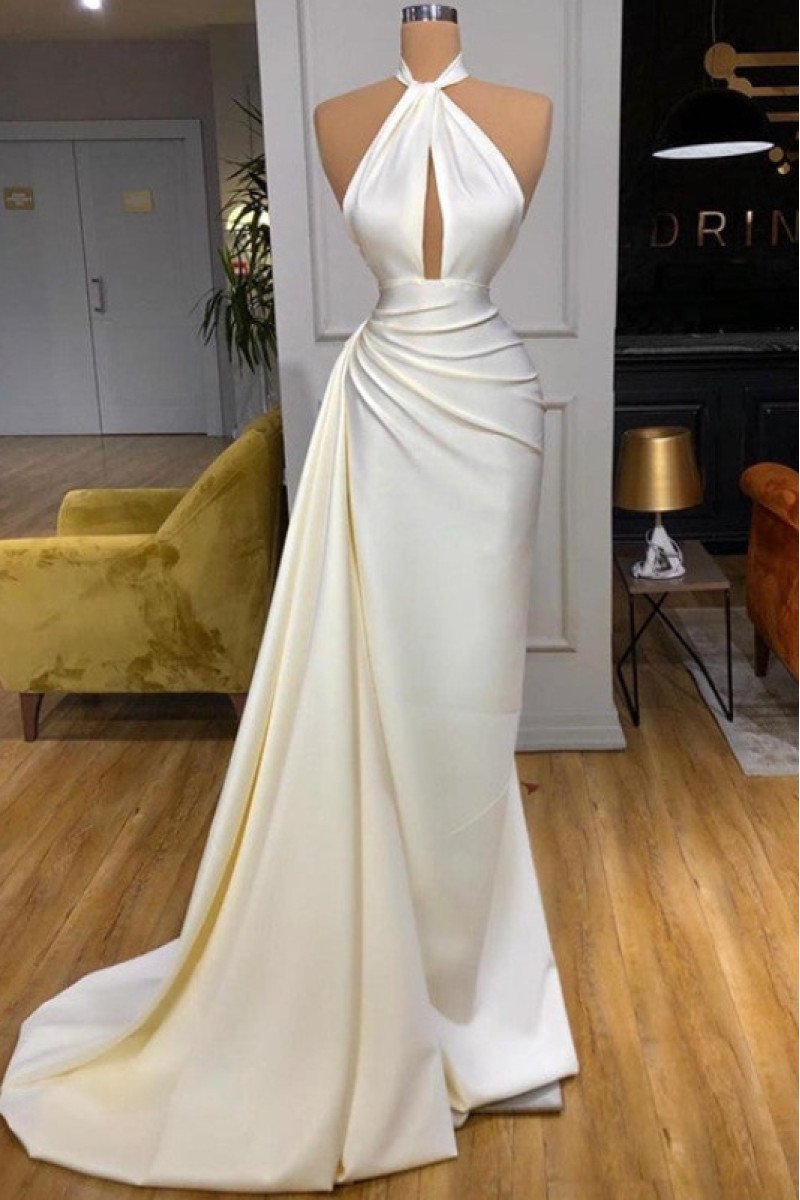 Simple White Halter Backless Sheath Prom Dresses With Keyhole