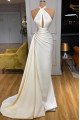 Simple White Halter Backless Sheath Prom Dresses With Keyhole