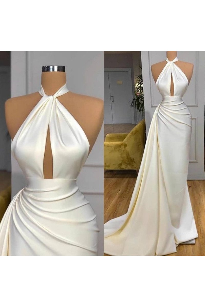 Simple White Halter Backless Sheath Prom Dresses With Keyhole