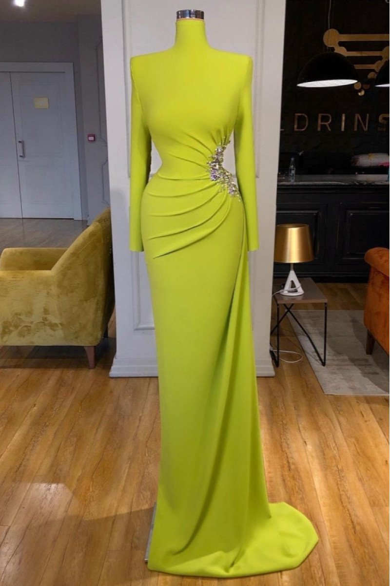 Gentle Green High Neck Long Sleeves Sheath Prom Dresses With Crystal