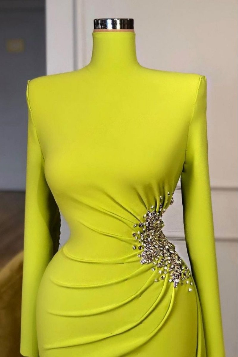 Gentle Green High Neck Long Sleeves Sheath Prom Dresses With Crystal