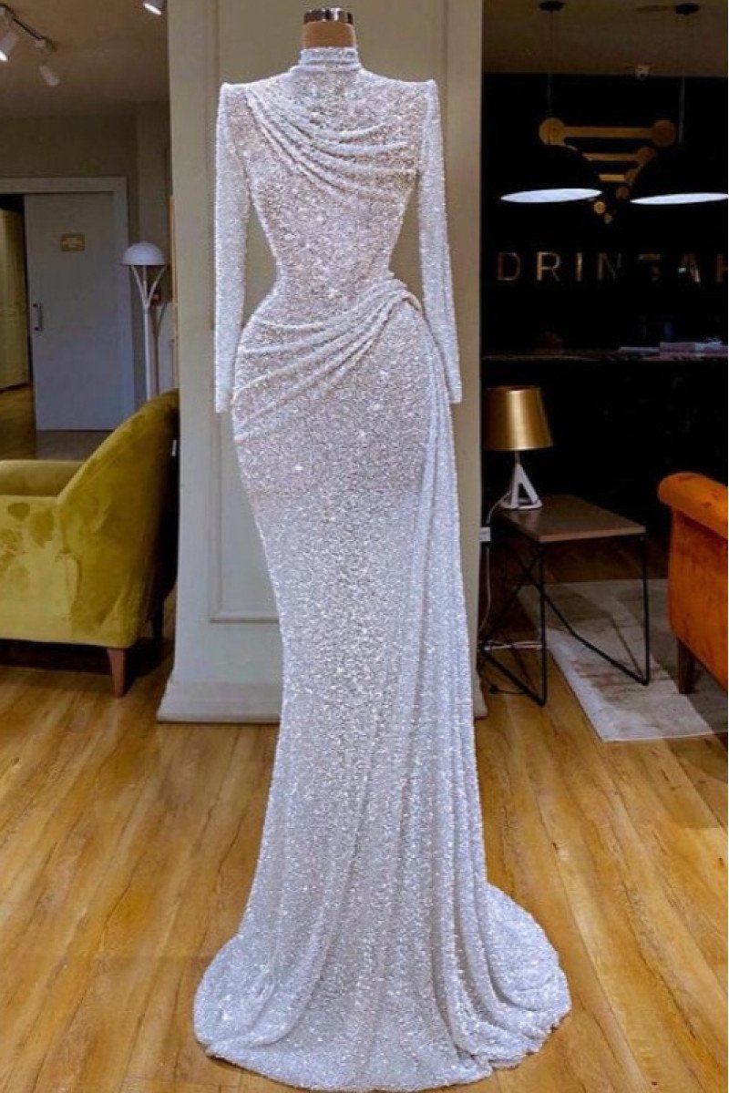 Modern White Sequins High Neck Long Sleeves Sheath Prom Dresses