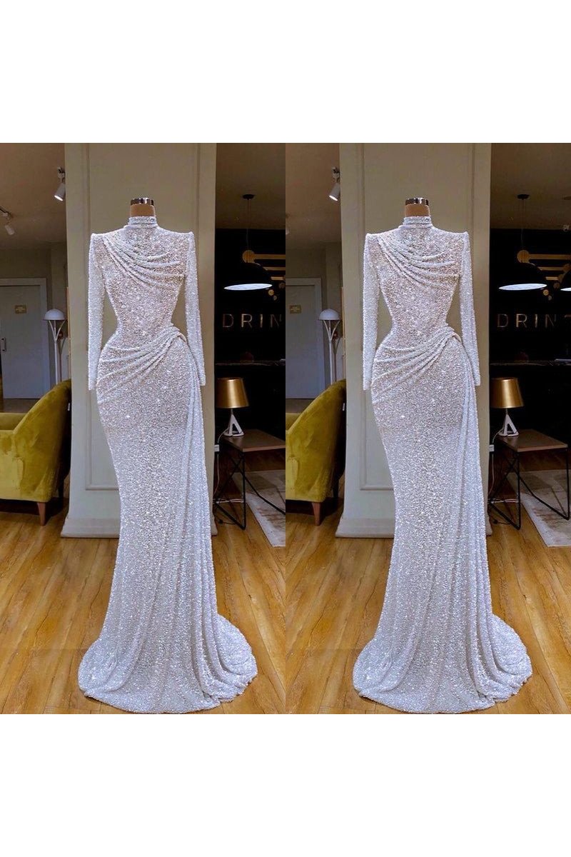 Modern White Sequins High Neck Long Sleeves Sheath Prom Dresses