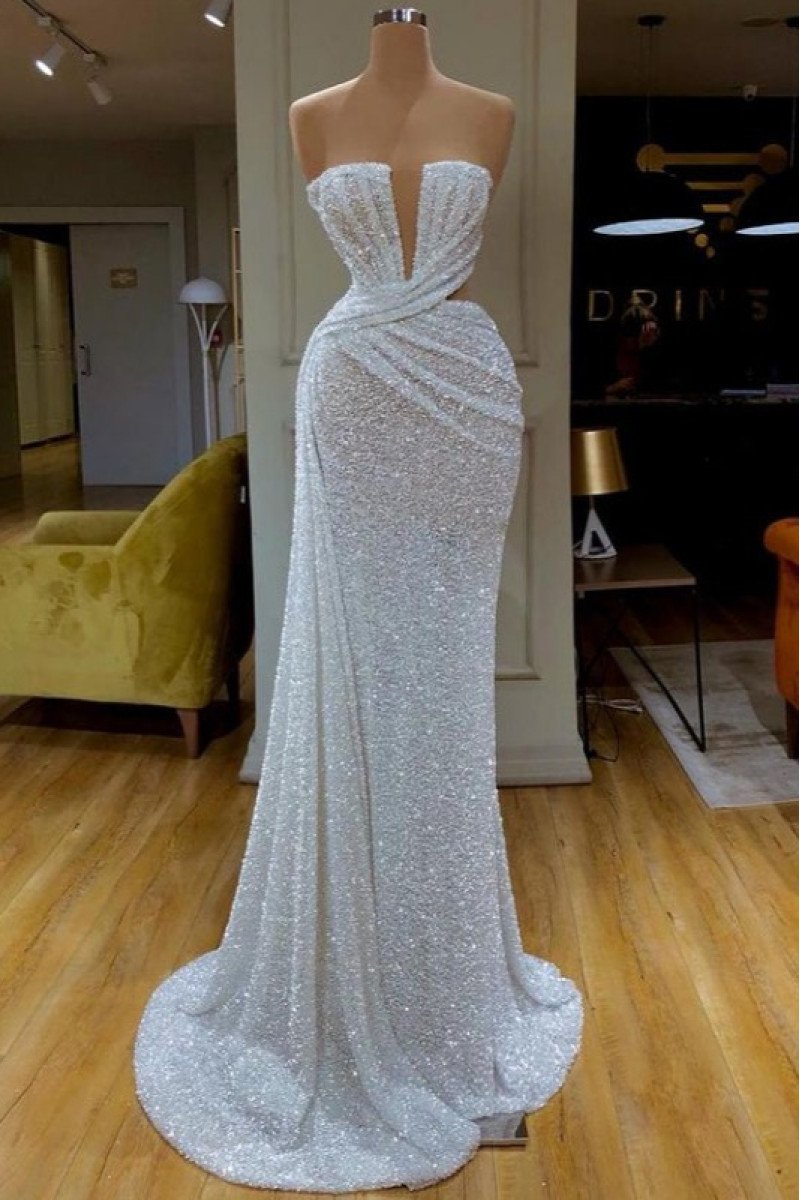 Sparkle White Sequins Strapless Sheath Prom Dresses