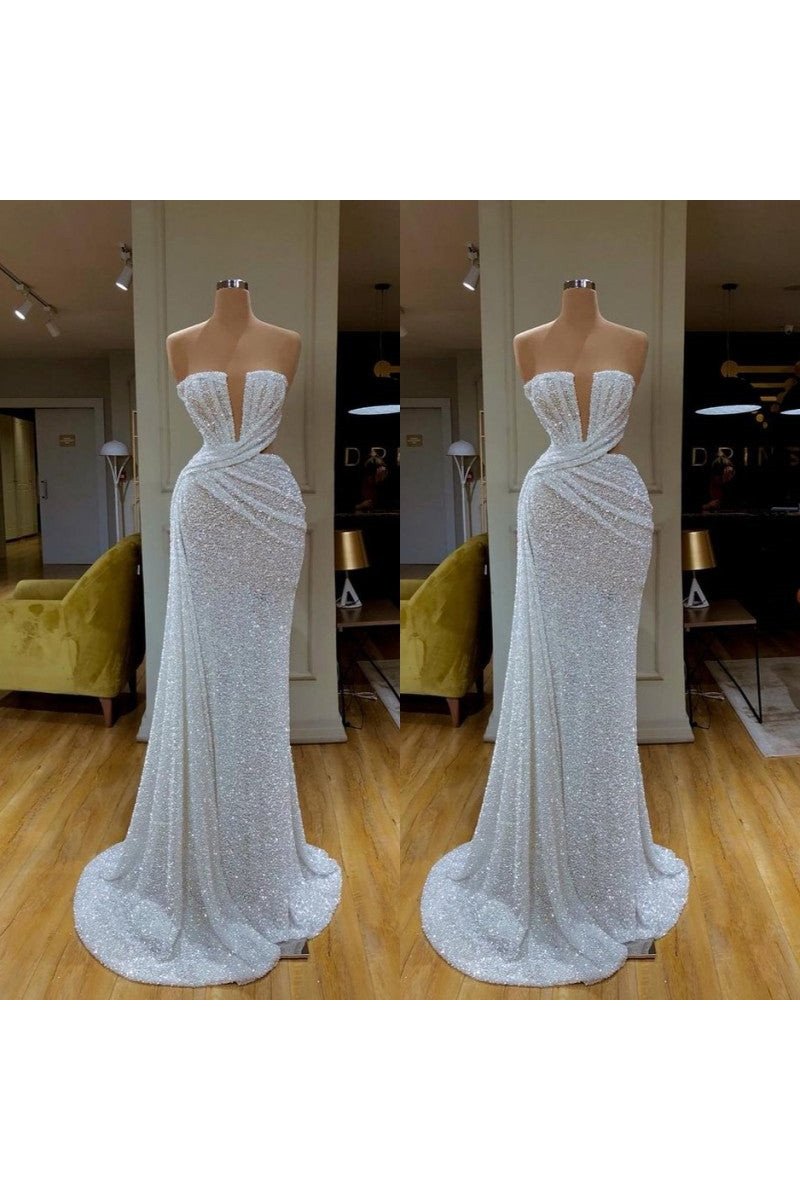 Sparkle White Sequins Strapless Sheath Prom Dresses