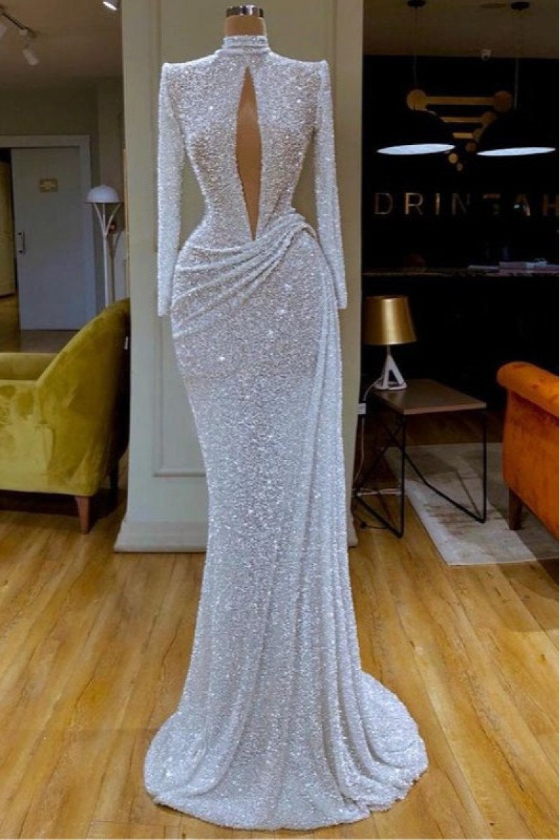 Generous White Sequins High Neck Long Sleeves Sheath Prom Dresses With Keyhole