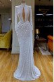 Generous White Sequins High Neck Long Sleeves Sheath Prom Dresses With Keyhole