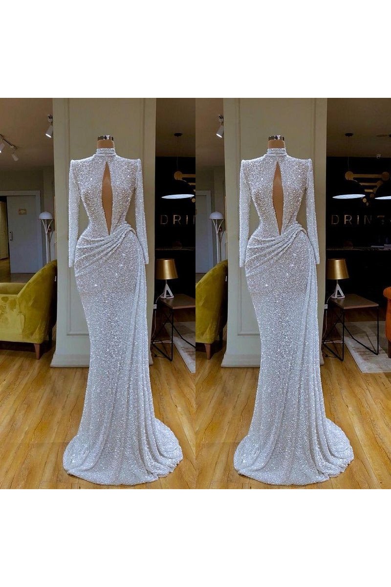 Generous White Sequins High Neck Long Sleeves Sheath Prom Dresses With Keyhole