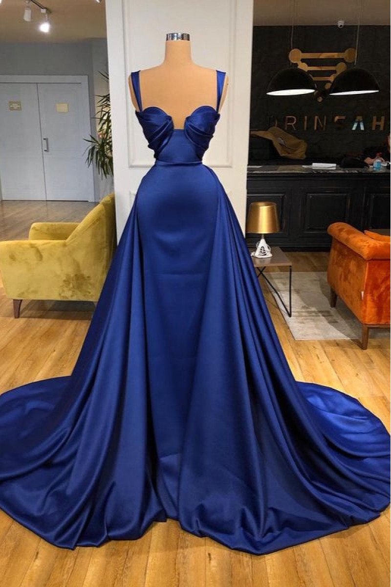 Elegant Dark Blue Spaghetti Straps Sheath Prom Dresses With Panel Train