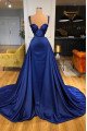 Elegant Dark Blue Spaghetti Straps Sheath Prom Dresses With Panel Train