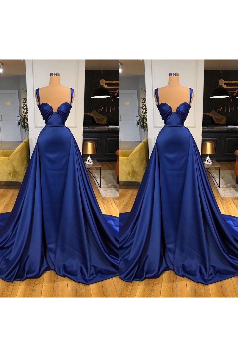 Elegant Dark Blue Spaghetti Straps Sheath Prom Dresses With Panel Train