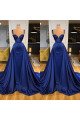 Elegant Dark Blue Spaghetti Straps Sheath Prom Dresses With Panel Train