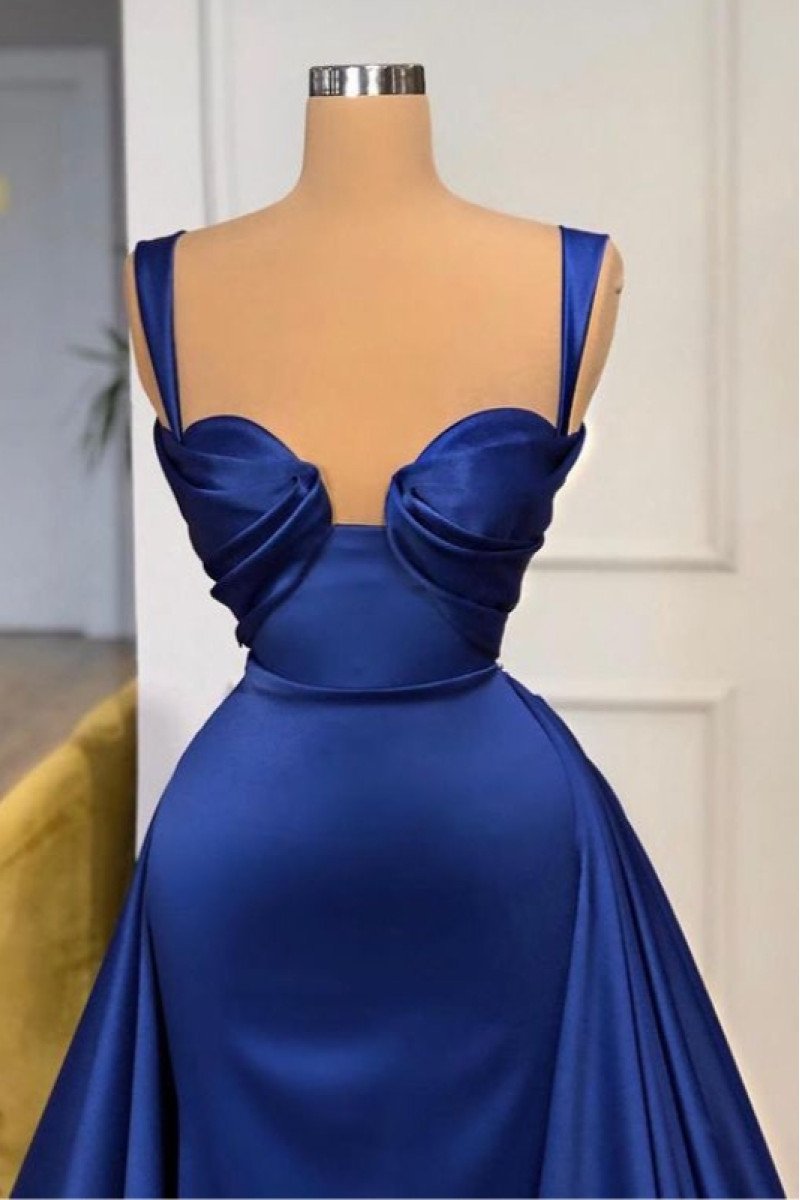 Elegant Dark Blue Spaghetti Straps Sheath Prom Dresses With Panel Train