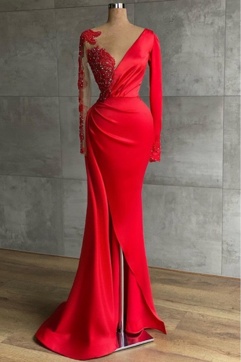 Fashion Red V-neck Long Sleeves Sheath Prom Dresses With Crystal