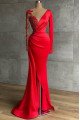 Fashion Red V-neck Long Sleeves Sheath Prom Dresses With Crystal