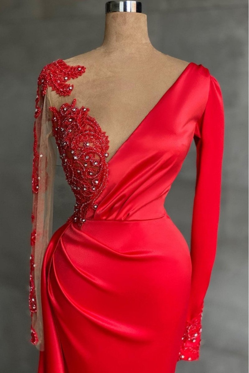 Fashion Red V-neck Long Sleeves Sheath Prom Dresses With Crystal