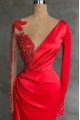 Fashion Red V-neck Long Sleeves Sheath Prom Dresses With Crystal