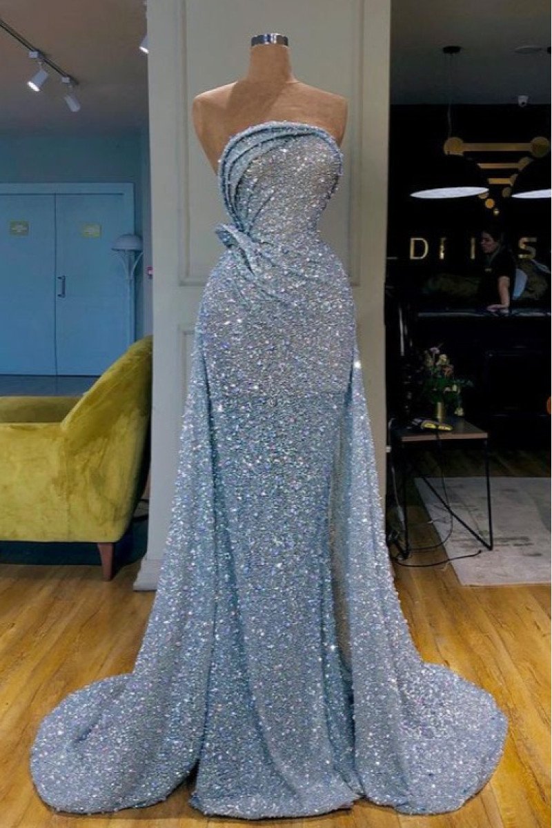 Sparkle Light Blue Strapless Sequins Sheath Prom Dresses With Court Train