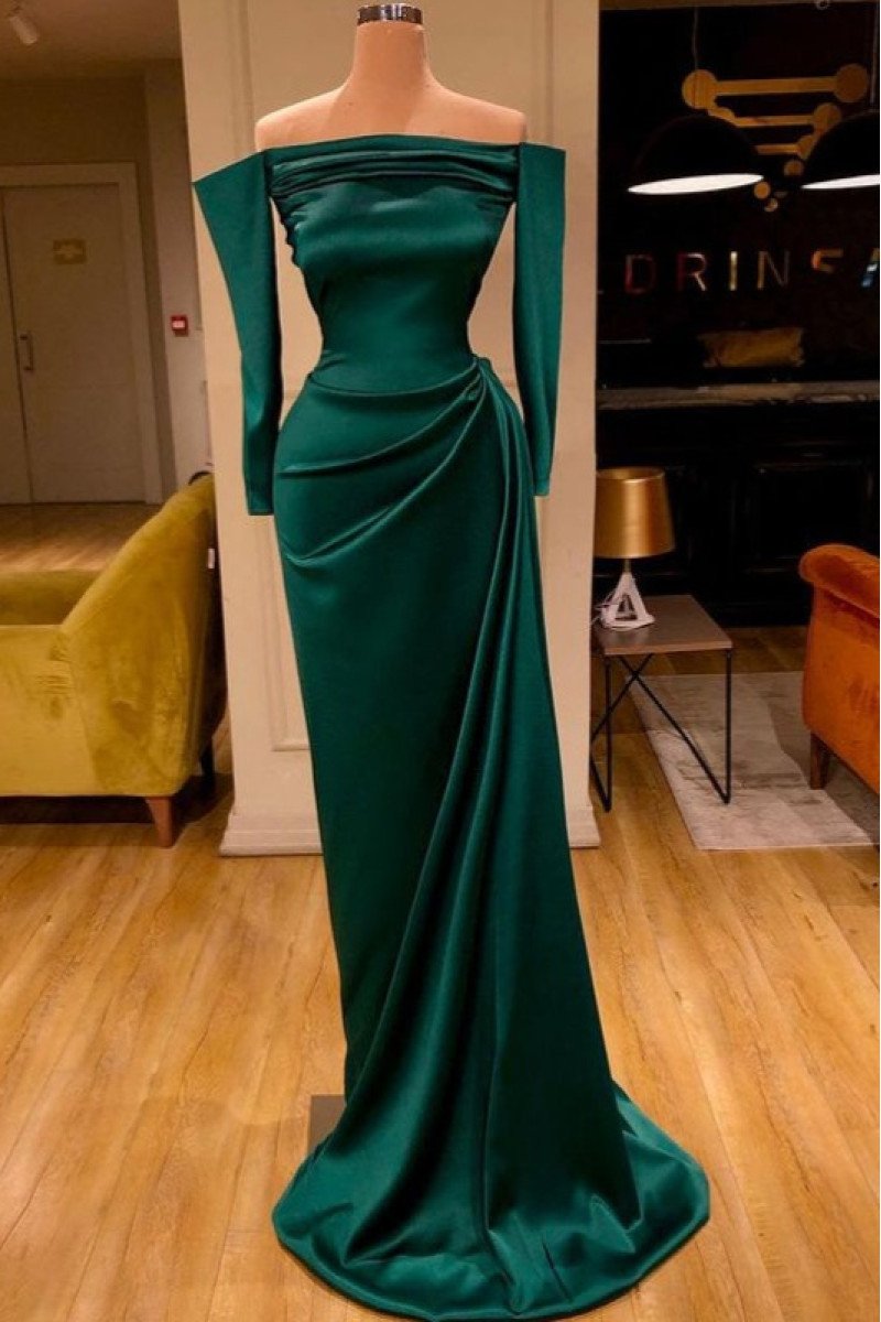 Chic Dark Green Off Shoulder Long Sleeves Sheath Prom Dresses