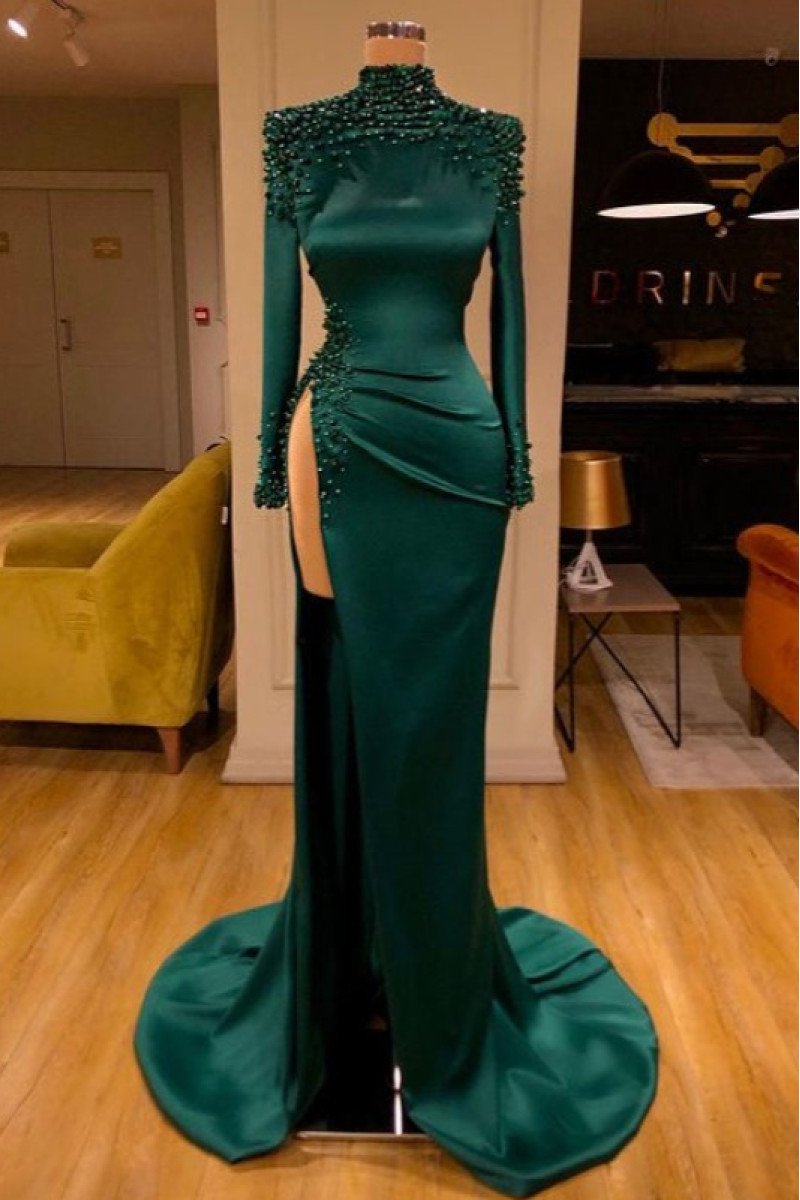 Modern Dark Green High Neck Side Slit Sheath Prom Dresses With Crystal