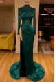 Modern Dark Green High Neck Side Slit Sheath Prom Dresses With Crystal